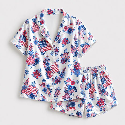 PJ-220-Unisex Satin Pajama Set with Patriotic Floral Flag Print Button Down Sleepwear Shirt and Pants