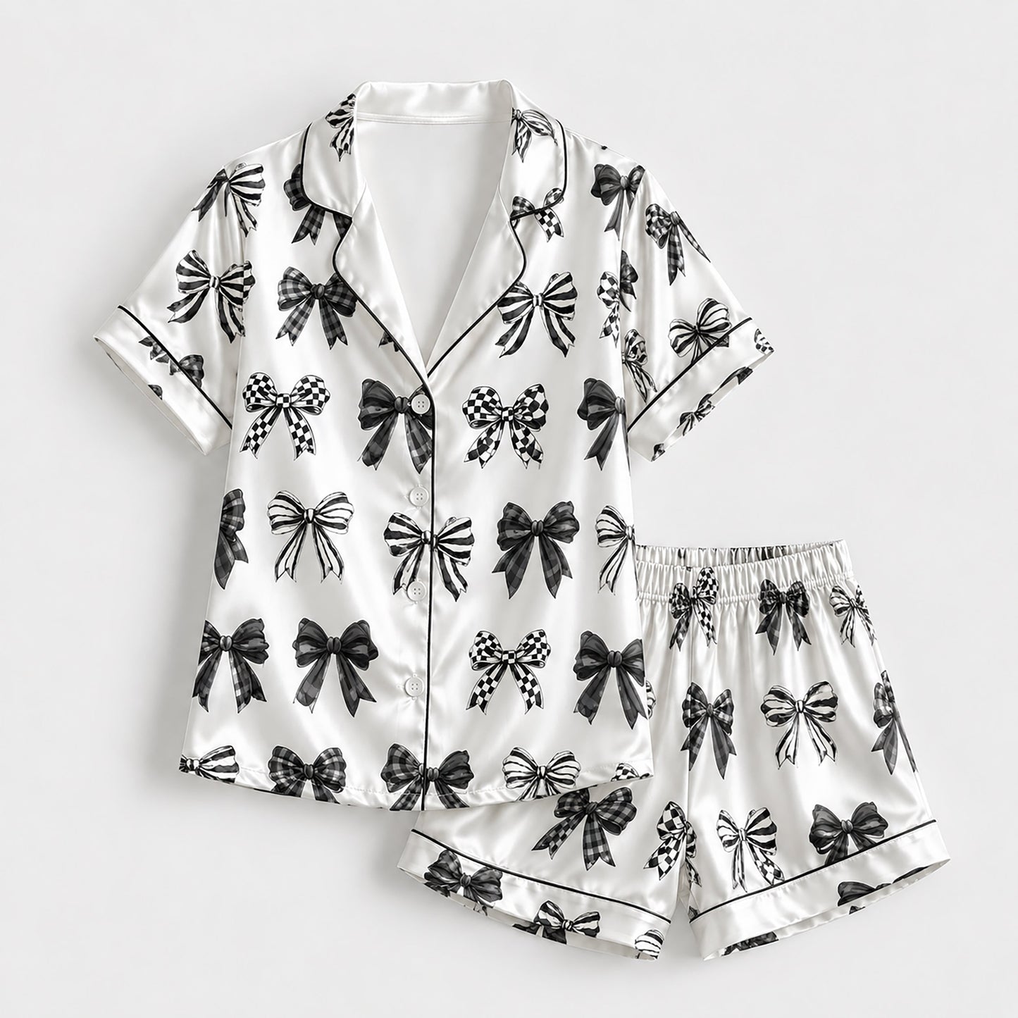 PJ-221-Coquette Style Monochromatic Ribbon Print Button-Down Silky Sleepwear Set
