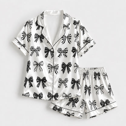 PJ-221-Coquette Style Monochromatic Ribbon Print Button-Down Silky Sleepwear Set