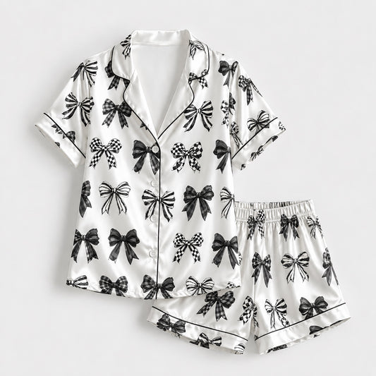PJ-221-Coquette Style Monochromatic Ribbon Print Button-Down Silky Sleepwear Set