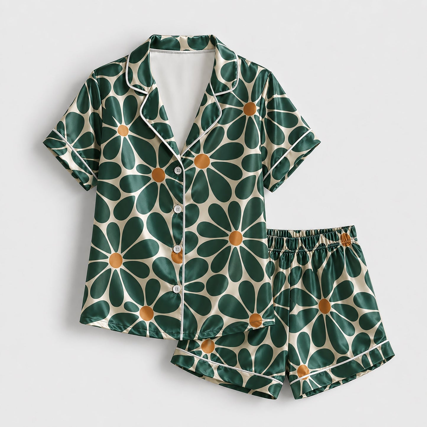 PJ-222-Emerald Daisy Satin Pajama Set With Button Up Top And Soft Matching Sleepwear Bottoms