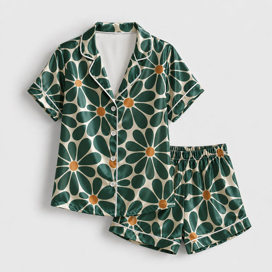 PJ-222-Emerald Daisy Satin Pajama Set With Button Up Top And Soft Matching Sleepwear Bottoms