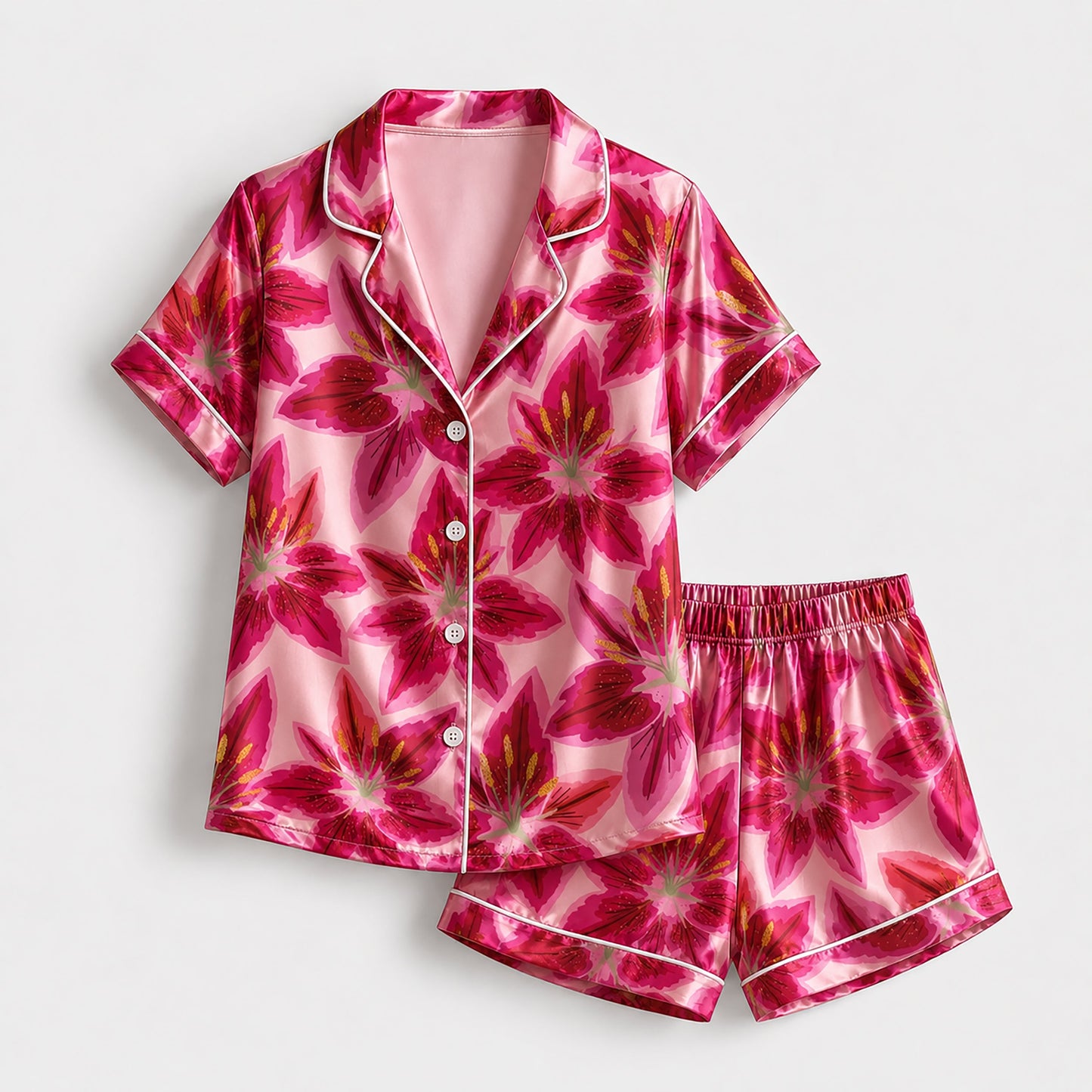 PJ-223-Lily Pure Mulberry Silk Pajama Set, Pink Floral Blossom Print Botanical Loungewear Sleepwear Collection