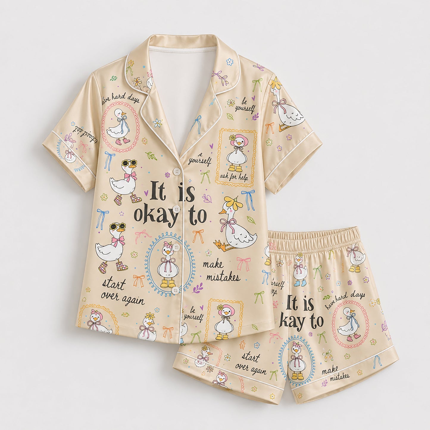 PJ-224-Motivational Goose Satin Pajama Set With Button Up Shirt And Elastic Waist Matching Bottoms