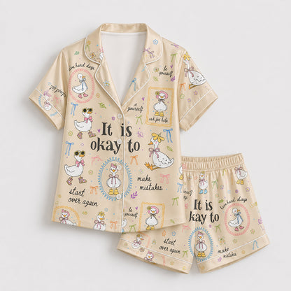 PJ-224-Motivational Goose Satin Pajama Set With Button Up Shirt And Elastic Waist Matching Bottoms