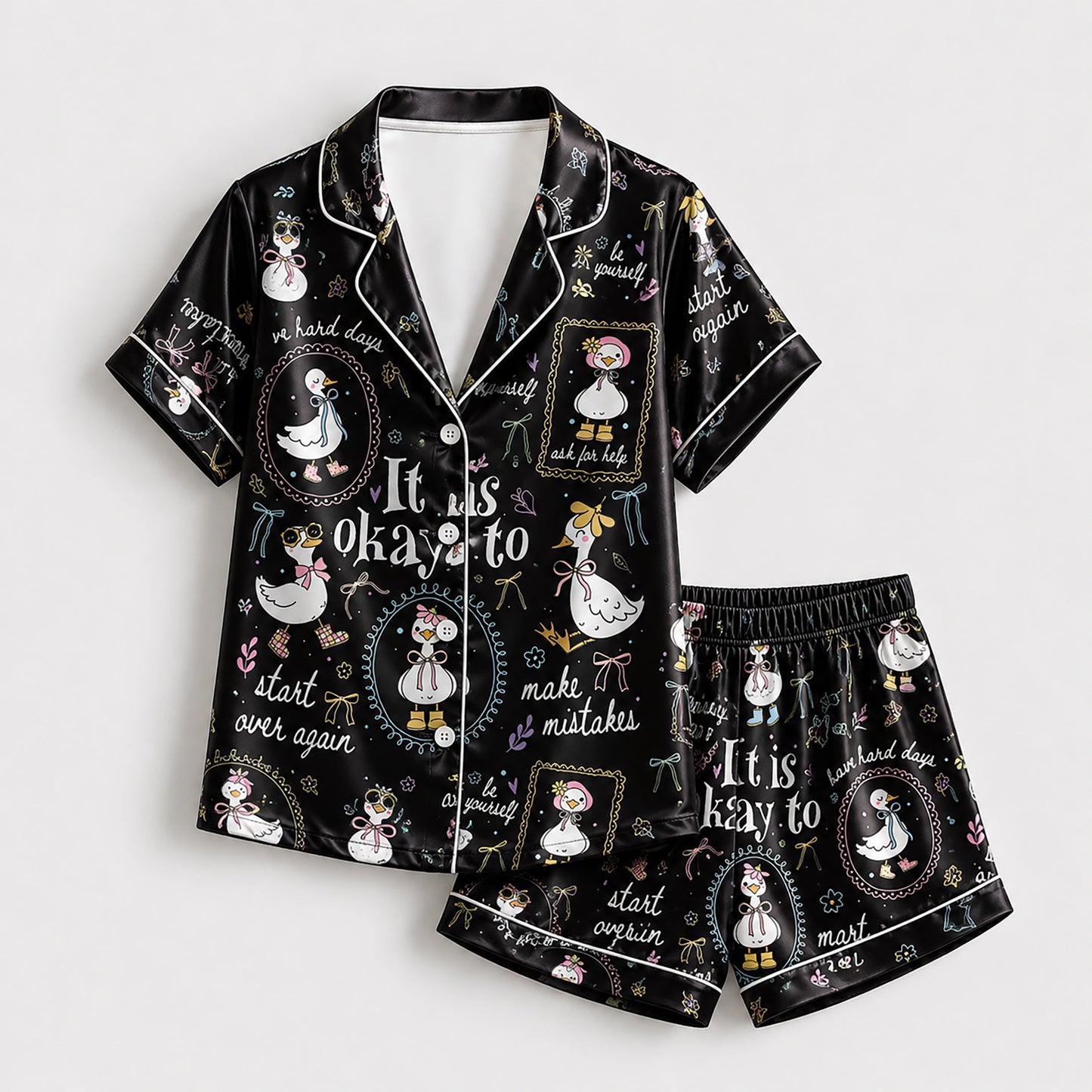 PJ-224-Motivational Goose Satin Pajama Set With Button Up Shirt And Elastic Waist Matching Bottoms