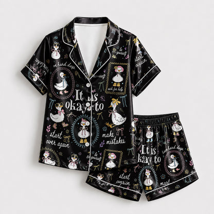 PJ-224-Motivational Goose Satin Pajama Set With Button Up Shirt And Elastic Waist Matching Bottoms