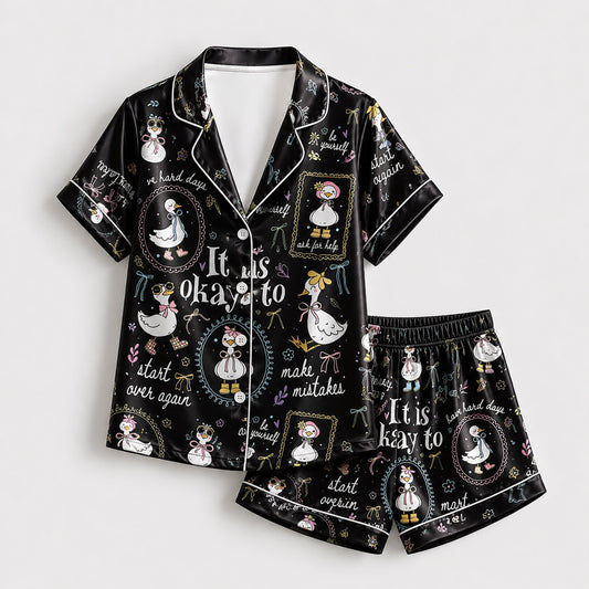 PJ-224-Motivational Goose Satin Pajama Set With Button Up Shirt And Elastic Waist Matching Bottoms