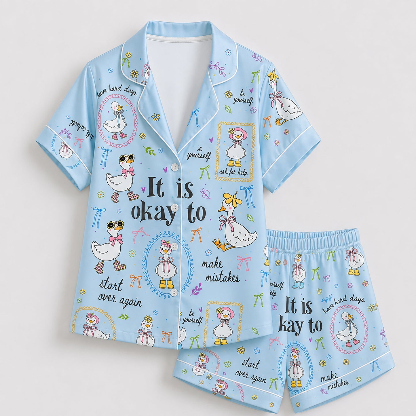 PJ-224-Motivational Goose Satin Pajama Set With Button Up Shirt And Elastic Waist Matching Bottoms