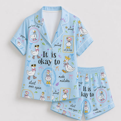 PJ-224-Motivational Goose Satin Pajama Set With Button Up Shirt And Elastic Waist Matching Bottoms