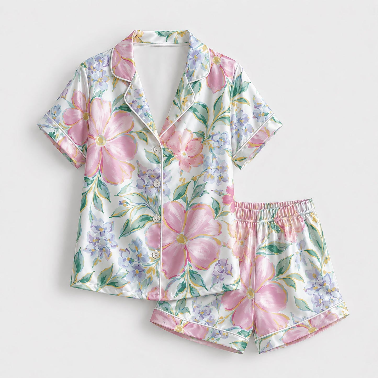 PJ-225-Rose Blossom Satin Pajama Set, Graphic Lilac Bouquet Patterned White Unisex Loungewear Nightwear Apparel
