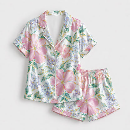 PJ-225-Rose Blossom Satin Pajama Set, Graphic Lilac Bouquet Patterned White Unisex Loungewear Nightwear Apparel