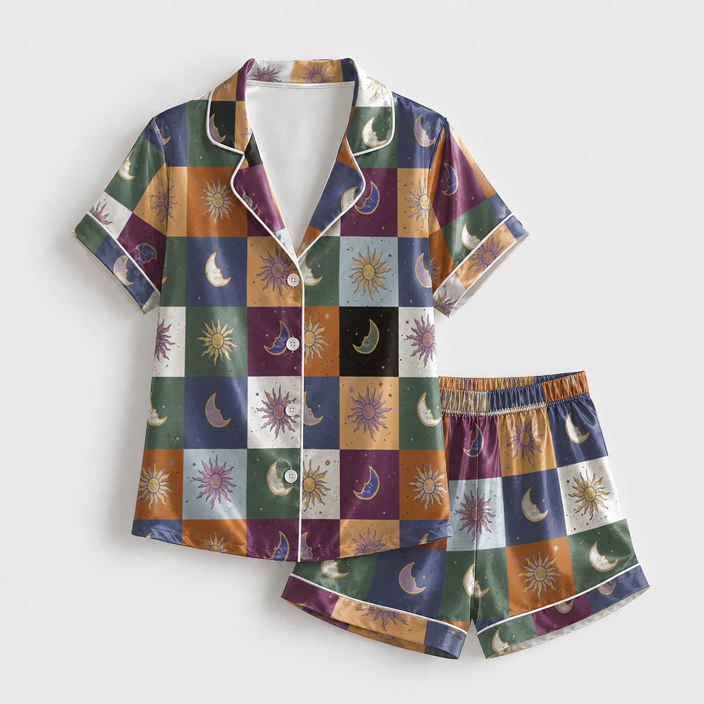 PJ-226-Unisex Satin Pajama Set with Celestial Sun Moon Patchwork Print Button Down Sleepwear Shirt and Pants