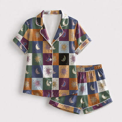 PJ-226-Unisex Satin Pajama Set with Celestial Sun Moon Patchwork Print Button Down Sleepwear Shirt and Pants