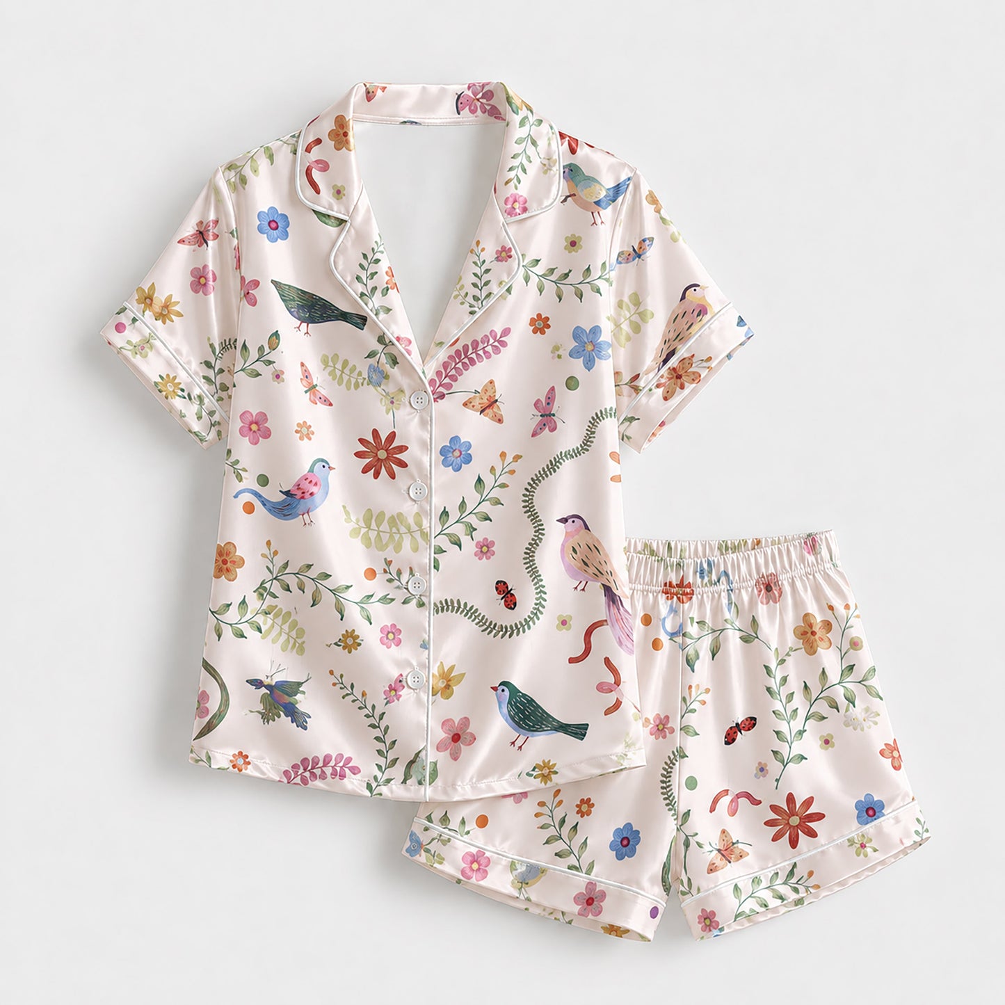 PJ-228-Floral Garden Satin Pajama Set With Colorful Bird Print And Comfortable Matching Bottoms