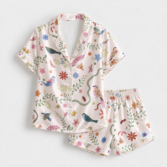 PJ-228-Floral Garden Satin Pajama Set With Colorful Bird Print And Comfortable Matching Bottoms