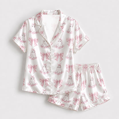 PJ-230-Pink Ghost Coquette Bow Satin Pajama Set, White Graphic Halloween Loungewear Sleepwear Collection Nightwear