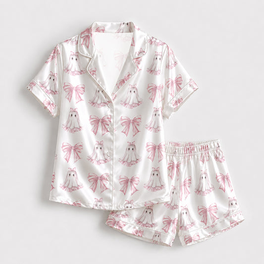 PJ-230-Pink Ghost Coquette Bow Satin Pajama Set, White Graphic Halloween Loungewear Sleepwear Collection Nightwear