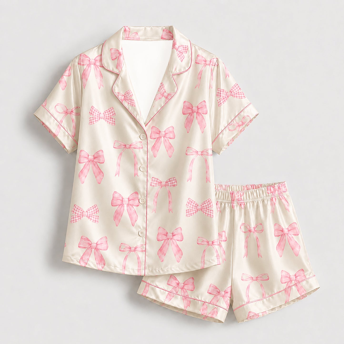 PJ-231- Satin Pajamas with Pink Bow Gingham Ribbon Print, Button Down Shirt, Elastic Waist Pants