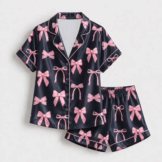 PJ-231- Satin Pajamas with Pink Bow Gingham Ribbon Print, Button Down Shirt, Elastic Waist Pants