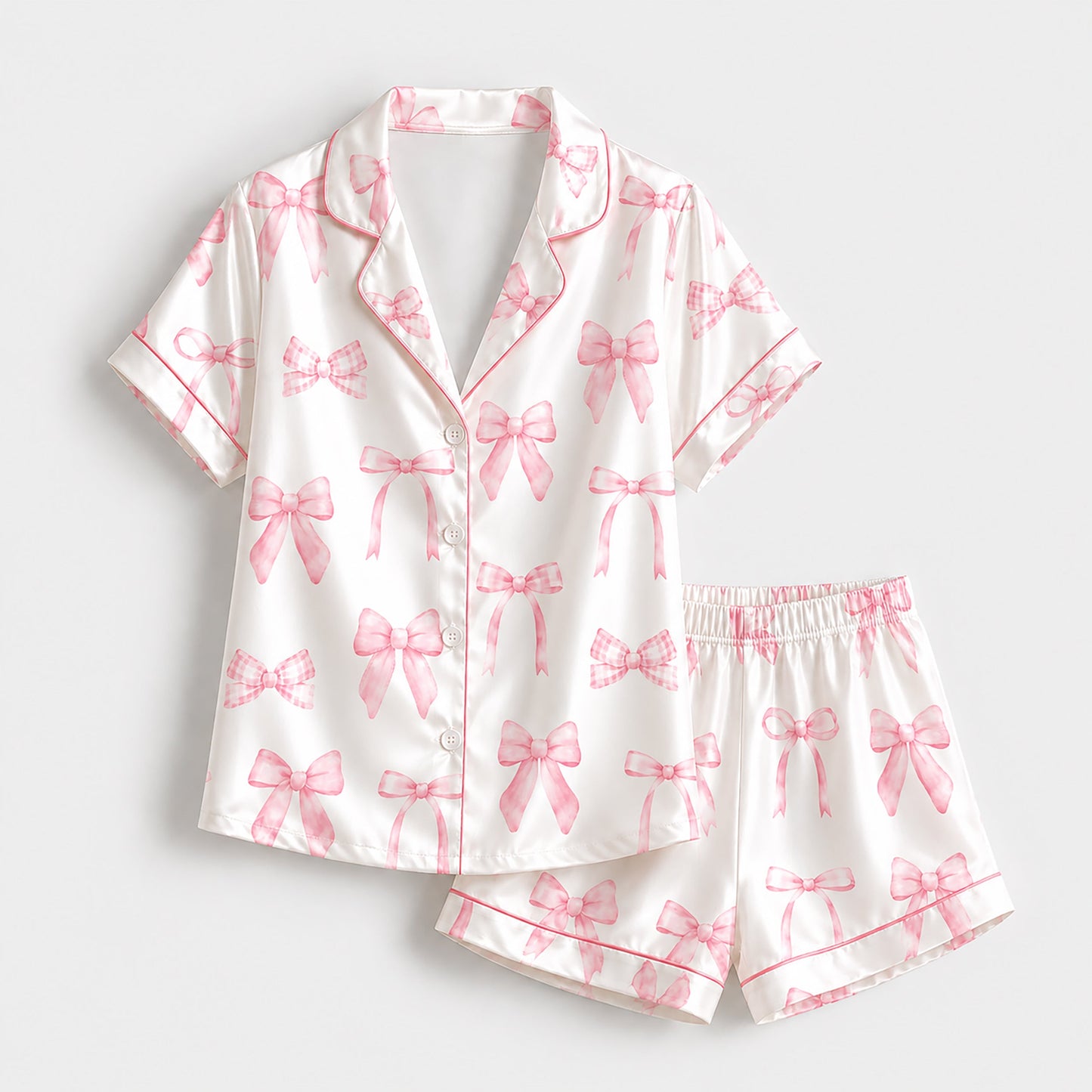 PJ-231- Satin Pajamas with Pink Bow Gingham Ribbon Print, Button Down Shirt, Elastic Waist Pants