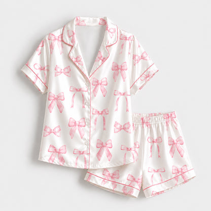 PJ-231- Satin Pajamas with Pink Bow Gingham Ribbon Print, Button Down Shirt, Elastic Waist Pants