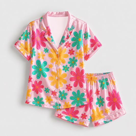 PJ-235- Women Pink Retro Floral Print Silk Satin Pajamas Groovy Flower Loungewear Sleepwear Nightwear Daisy Matching Clothing Set