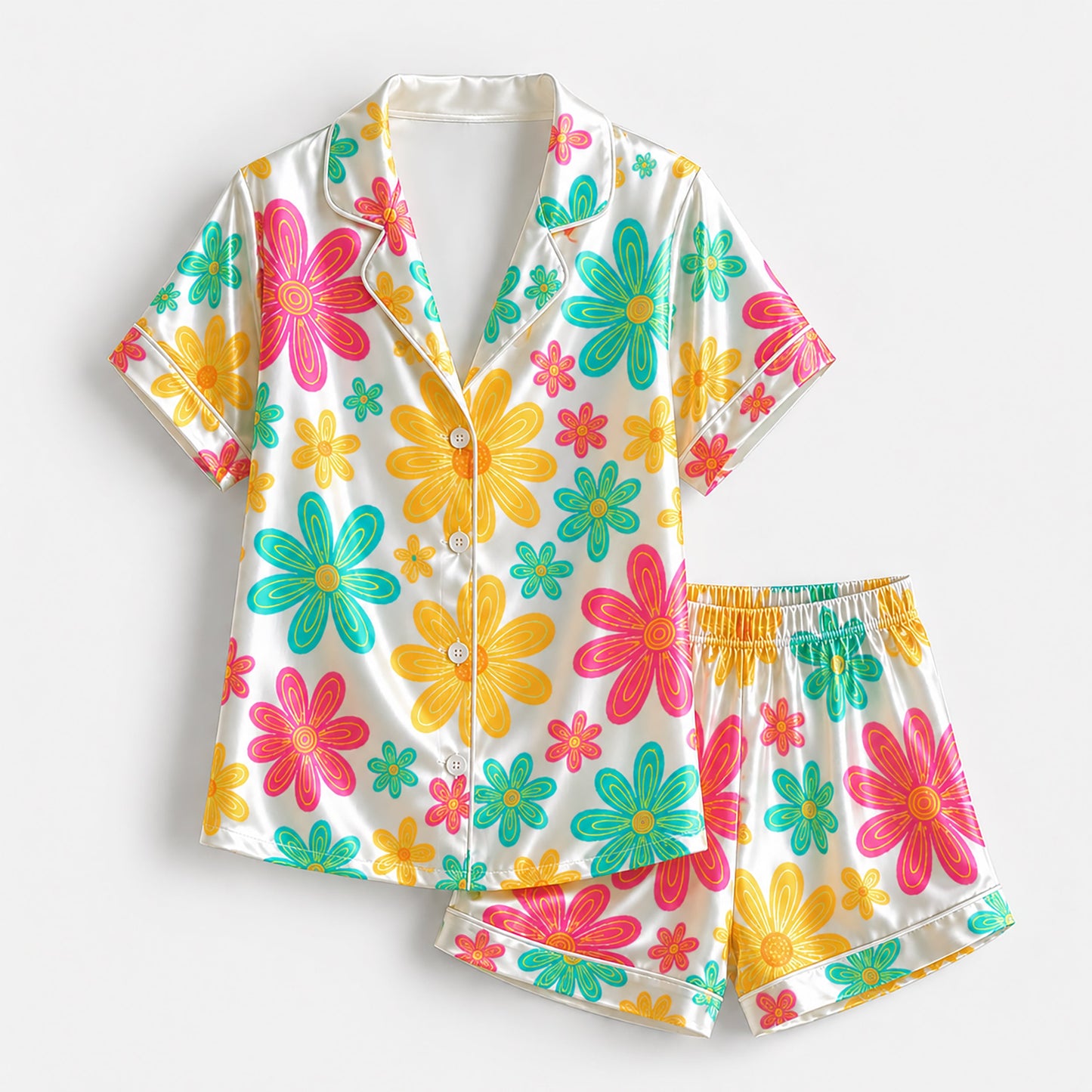 PJ-235- Women Pink Retro Floral Print Silk Satin Pajamas Groovy Flower Loungewear Sleepwear Nightwear Daisy Matching Clothing Set