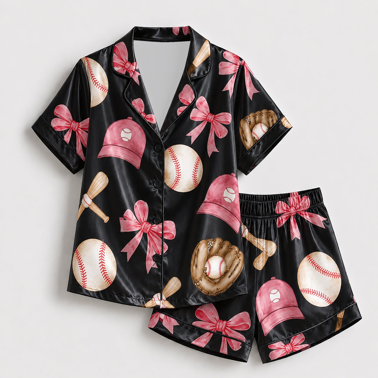 PJ-237- Sporty Baseball Satin Pajama Set With Button Up Top And Comfortable Matching Bottoms