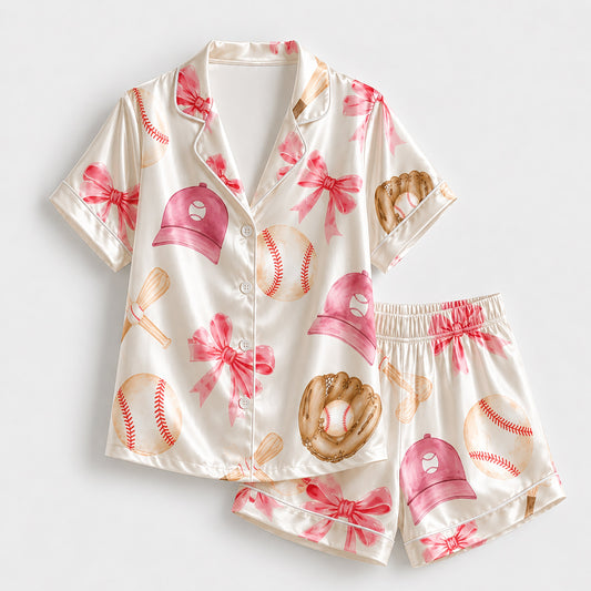 PJ-237- Sporty Baseball Satin Pajama Set With Button Up Top And Comfortable Matching Bottoms