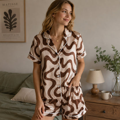 PJ-238-Groovy Wavy Line Print Satin Pajama Lounge Set