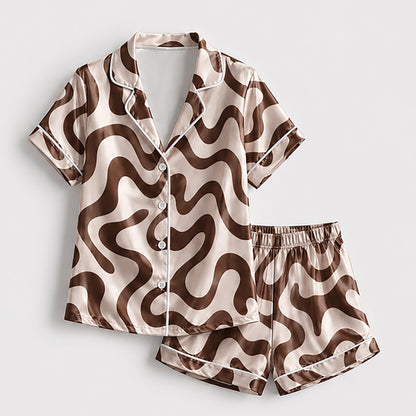 PJ-238-Groovy Wavy Line Print Satin Pajama Lounge Set