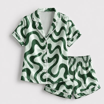 PJ-238-Groovy Wavy Line Print Satin Pajama Lounge Set