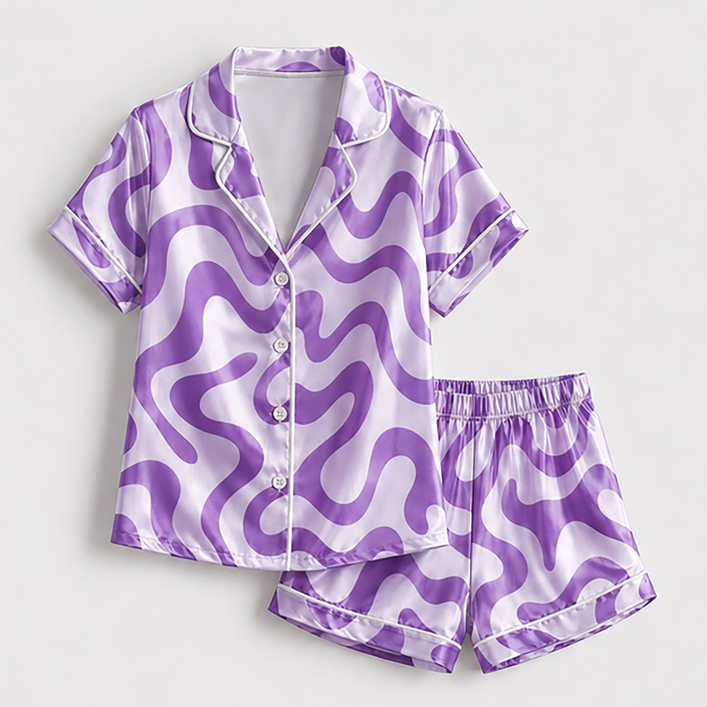 PJ-238-Groovy Wavy Line Print Satin Pajama Lounge Set