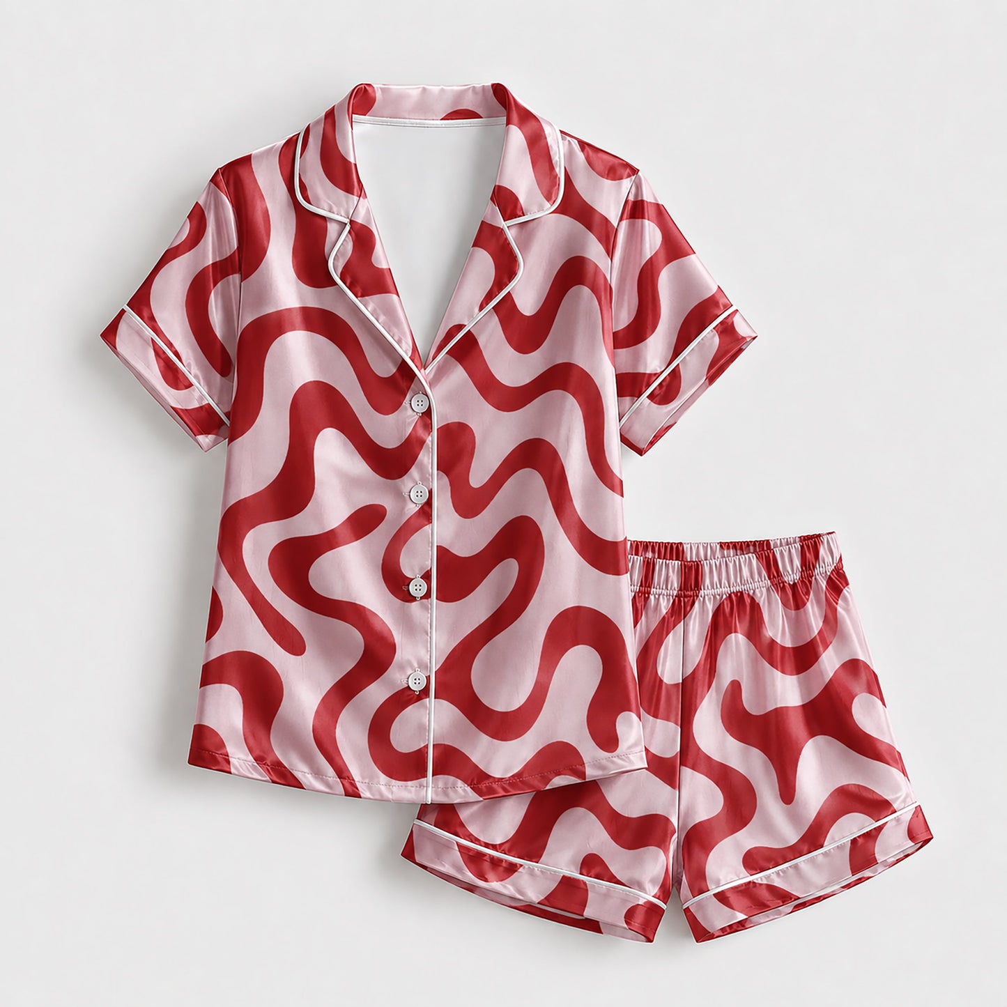 PJ-238-Groovy Wavy Line Print Satin Pajama Lounge Set