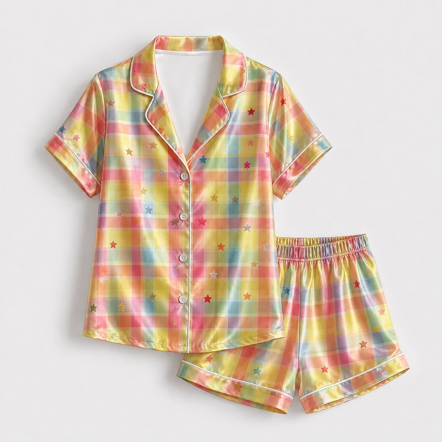 PJ-239-Rainbow Checkered Satin Sleepwear Star Pattern with Piping Details