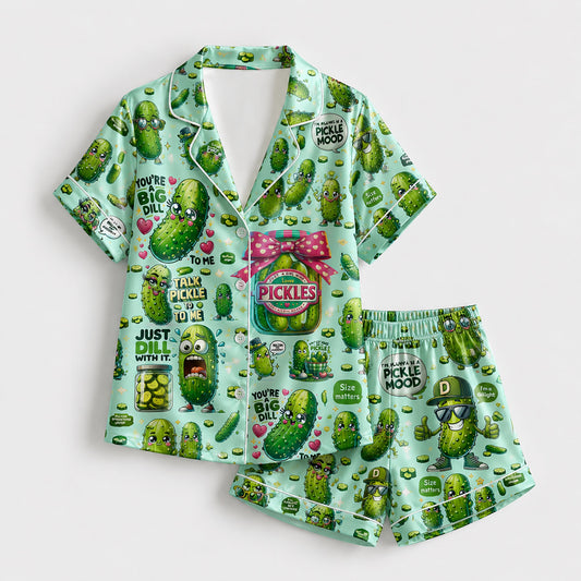 PJ-243-Funny Pickle Satin Pajama Set With Button Up Shirt And Elastic Waist Matching Bottoms