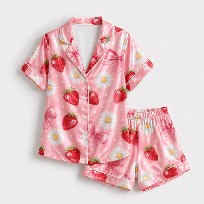 PJ-244-Pink Strawberry Daisy Satin Pajama Set With Bow Print Button Up Shirt And Matching Bottom