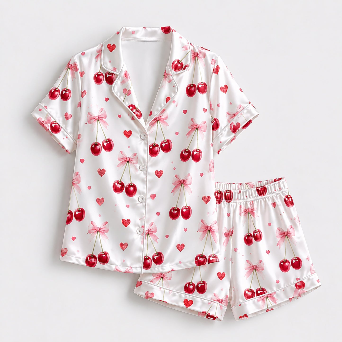 PJ-245-Sweet Cherry Heart Satin Pajama Set With Button Up Shirt And Matching Sleepwear Bottoms