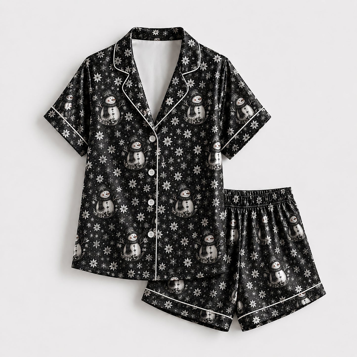 PJ-249-Black Snowman Snowflake Satin Pajama Set, Winter Holiday Graphic Loungewear Sleepwear Collection Outfit