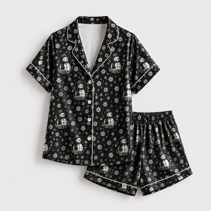 PJ-249-Black Snowman Snowflake Satin Pajama Set, Winter Holiday Graphic Loungewear Sleepwear Collection Outfit