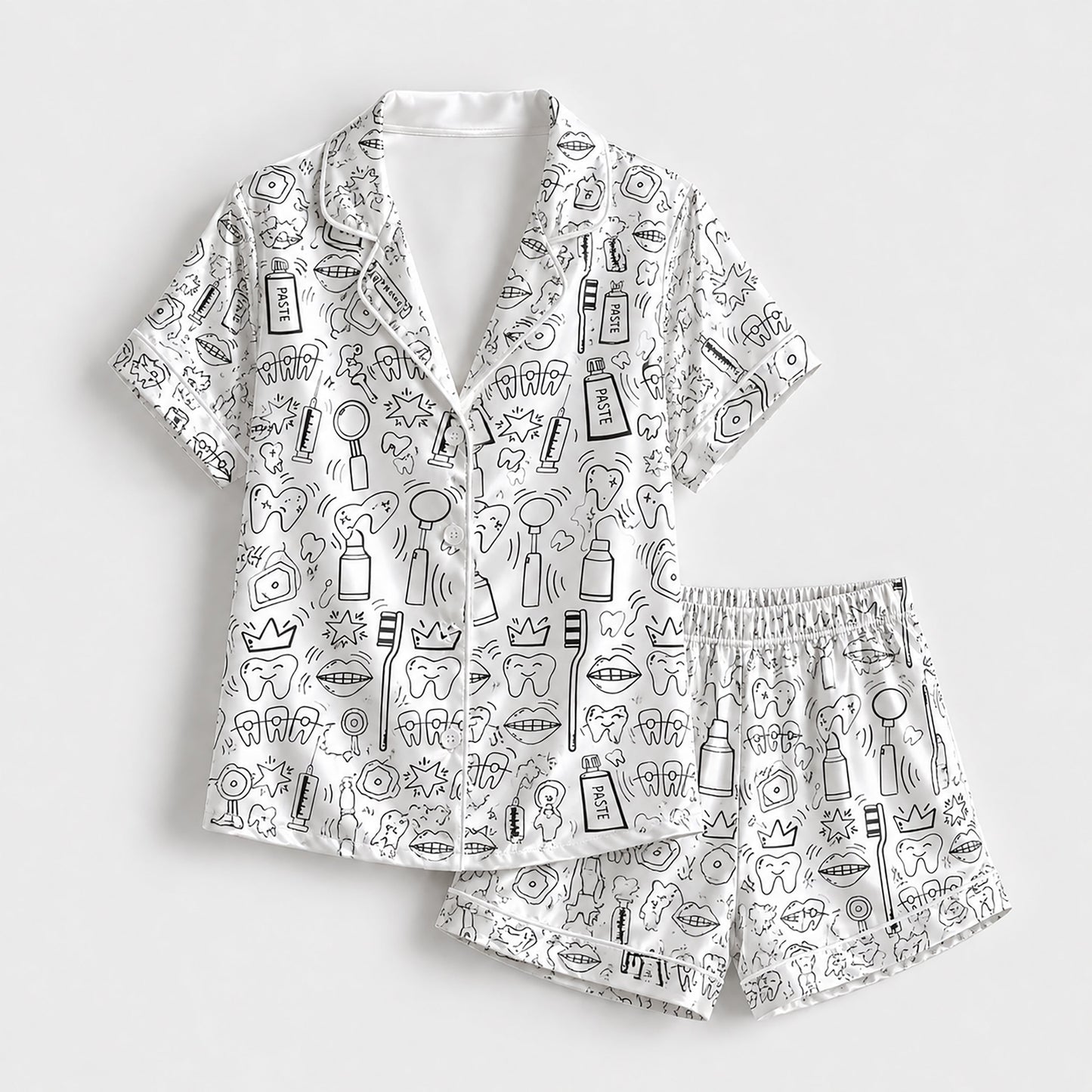 PJ-251-White Dental Tooth Satin Pajama Set, Black Line Graphic Loungewear Sleepwear Collection Outfit