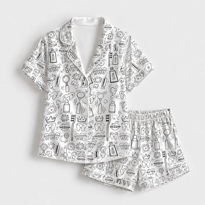PJ-251-White Dental Tooth Satin Pajama Set, Black Line Graphic Loungewear Sleepwear Collection Outfit