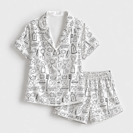 PJ-251-White Dental Tooth Satin Pajama Set, Black Line Graphic Loungewear Sleepwear Collection Outfit
