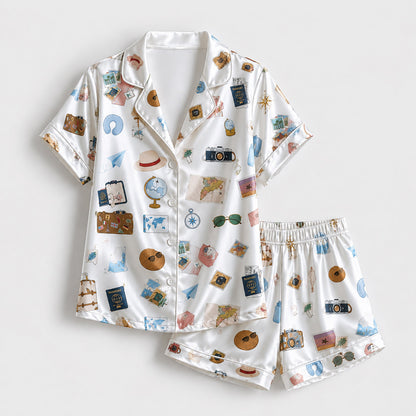 PJ-253-White Travel Suitcase Satin Pajama Set, Passport Camera Graphic Loungewear Sleepwear Collection Outfit