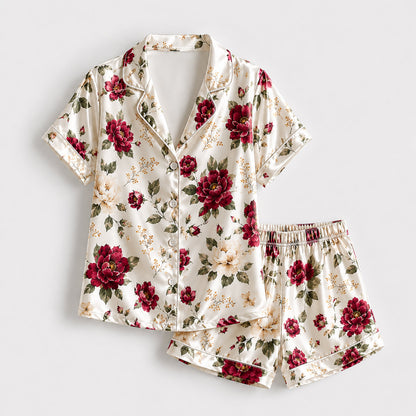 PJ-255-Floral Pure Satin Pajama Set, White Rose Peony Print Botanical Loungewear Sleepwear Collection
