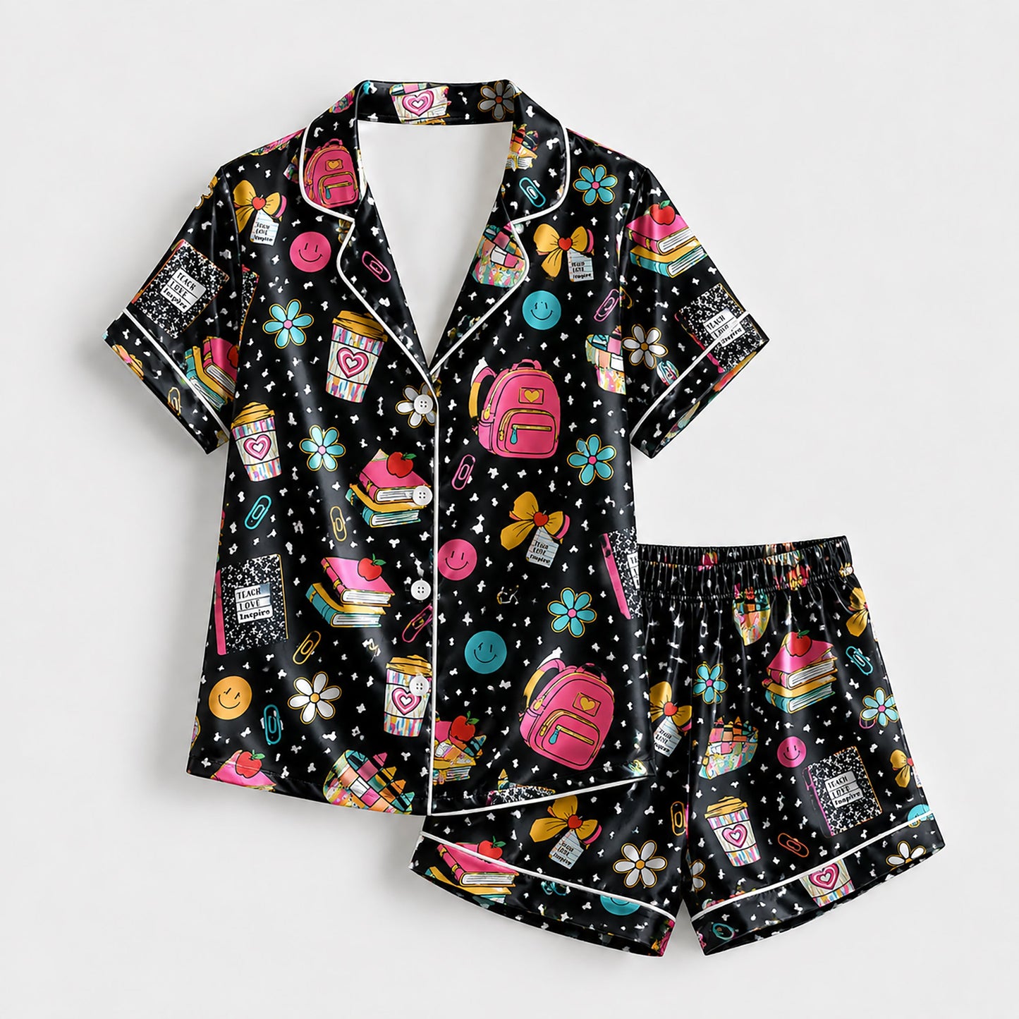 PJ-256-Back To School Printed Satin Pajama Set, Whimsical Notebook Smiley Unisex Sleepwear Lounge Coordinates