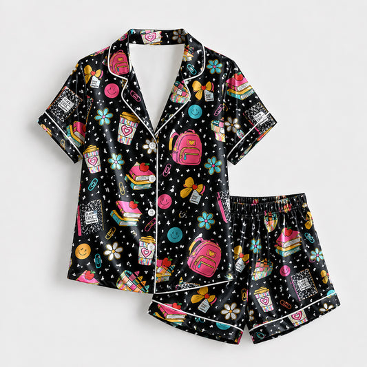 PJ-256-Back To School Printed Satin Pajama Set, Whimsical Notebook Smiley Unisex Sleepwear Lounge Coordinates