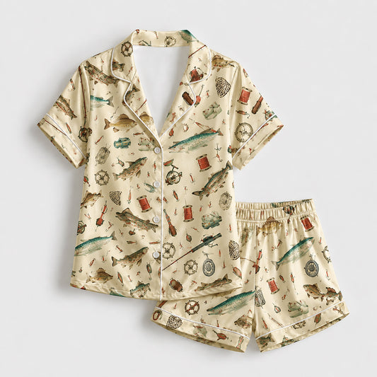 PJ-257-Fishing Theme Satin Sleepwear Set With Button Up Top And Elastic Waist Matching Bottoms