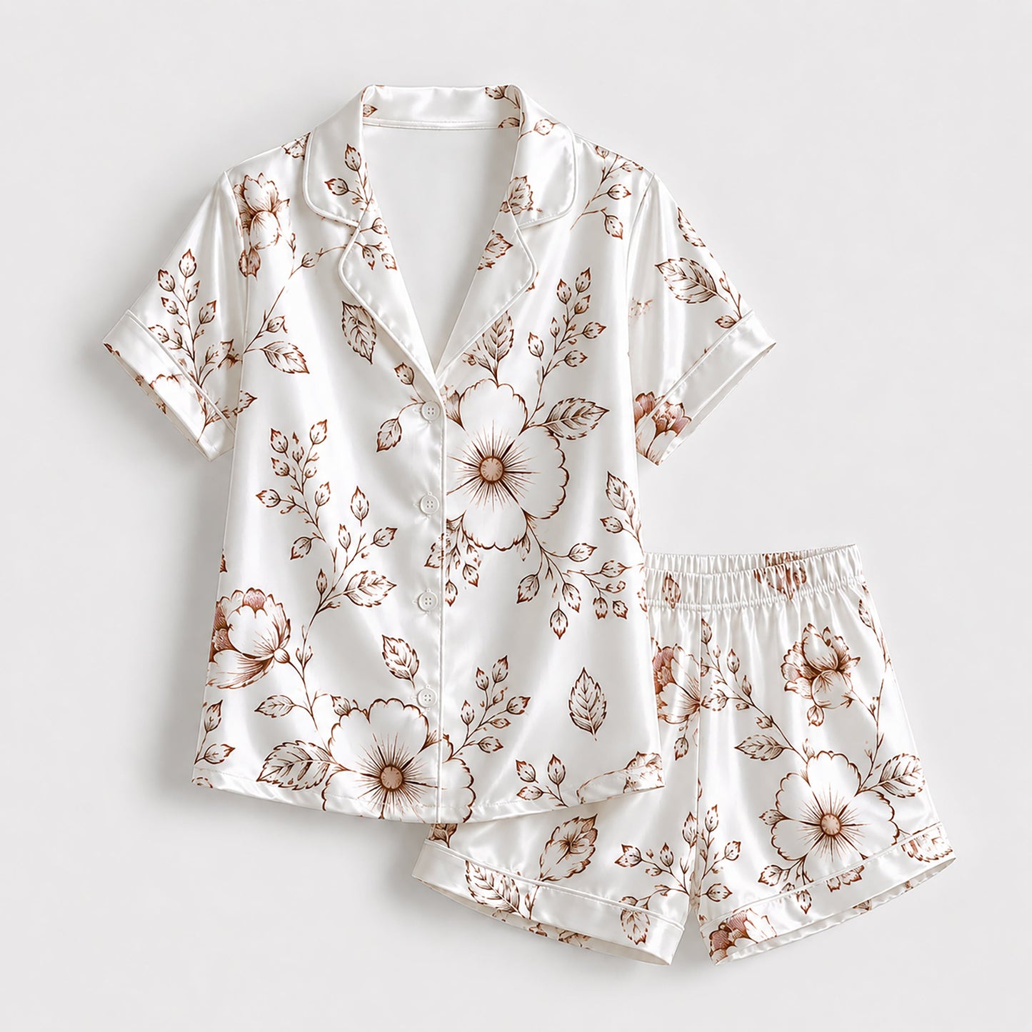PJ-258-Patterned Outline Pure Satin Pajama Set, Cream Leaf Print Button Front Sleepwear Loungewear Ensemble